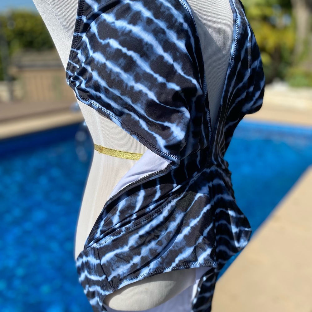 Halter Cutout Dark Blue Tie Dye One Piece Swimsuit - Picture 9 of 14